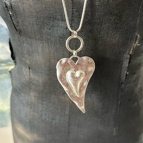 None Jewelry - Long Statement Heart Silver Tone Pendant